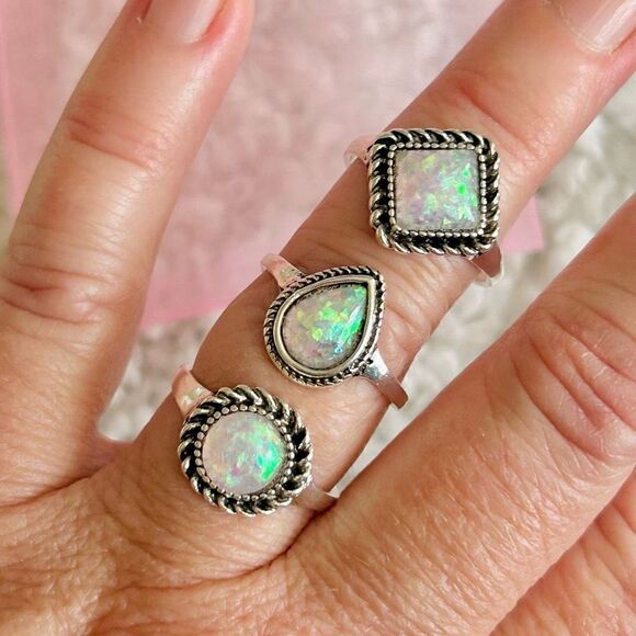3/$15 Set of 3 Silver Faux Opal Bohemian Rings - Picture 2 of 4